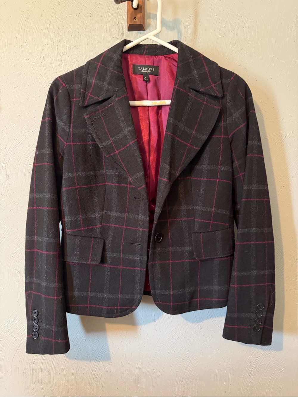 Talbots Black Blazer with Pink Windowpane Plaid